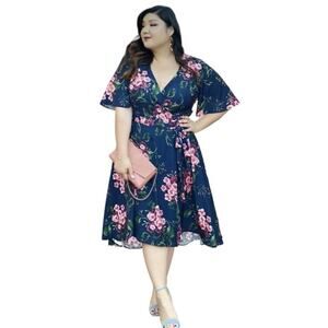 ELOQUII Floral Print Flutter Sleeve Navy Blue Wrap Fairy‎ Dress. Plus Size 18.